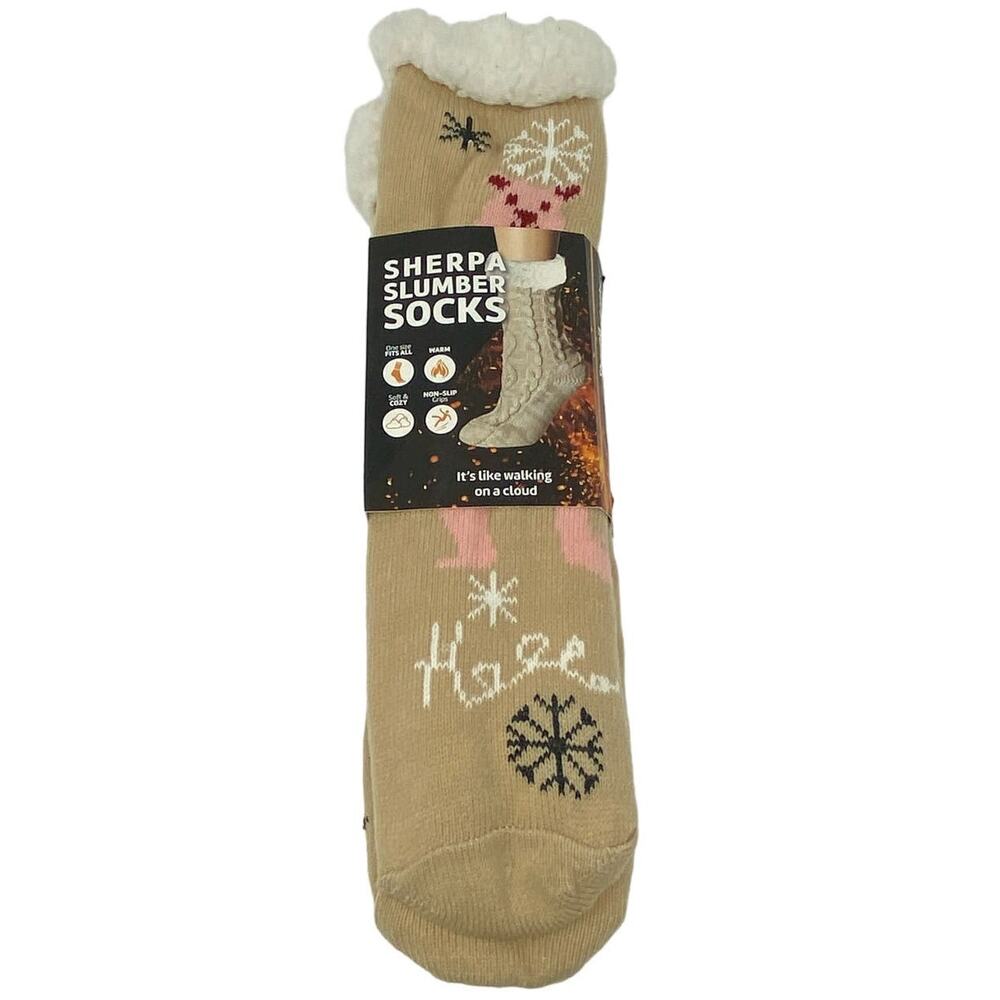 NWT Heat Trendz Sherpa Slumber Socks Tan Pink Bear Winter Cozy Non-Slip Grip